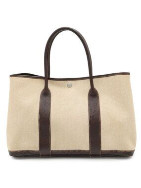 Hermes Garden Party PM Tote Shoulder Bag Toile H Leather Natural Ivory Brown